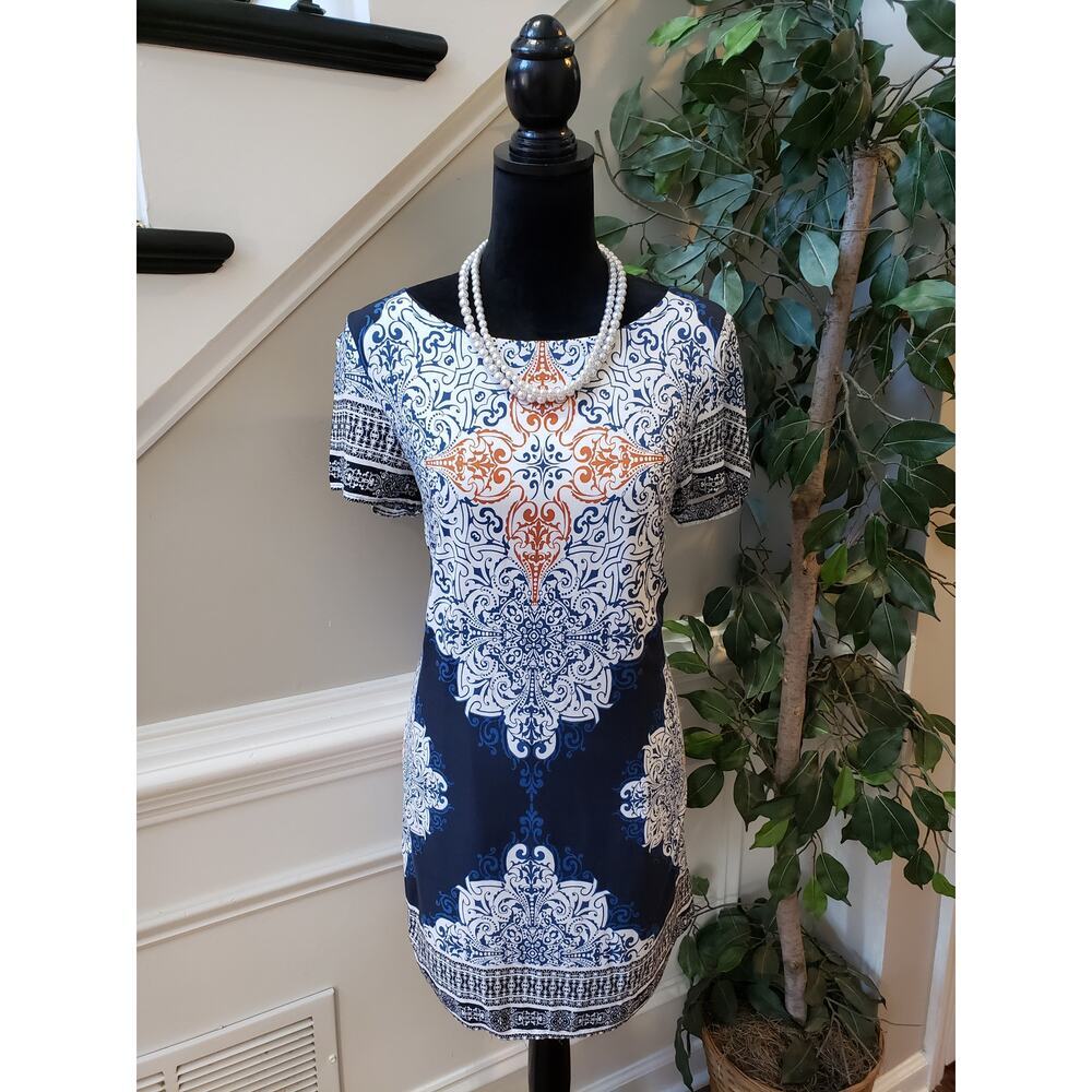 Pink Owl Apparel Shift Dress Women's Medium Blue & White Round Neck Short Sleeve